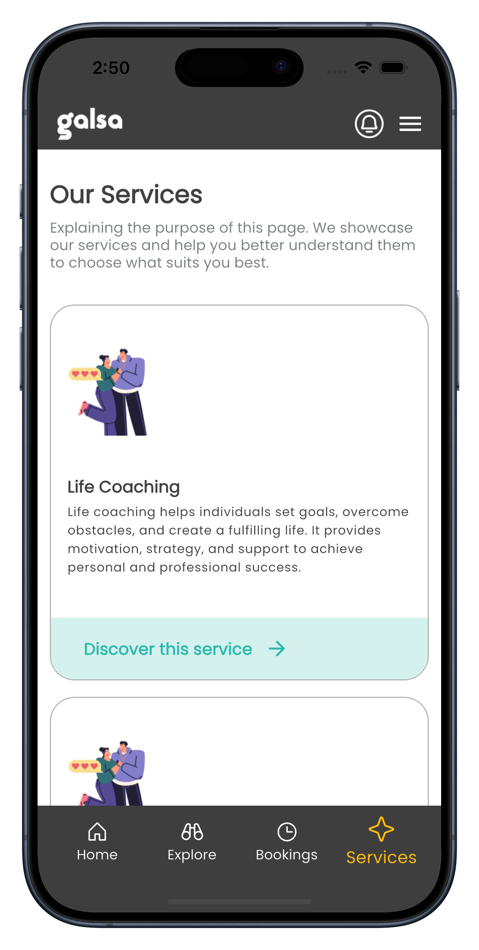 Galsa mobile app mockup